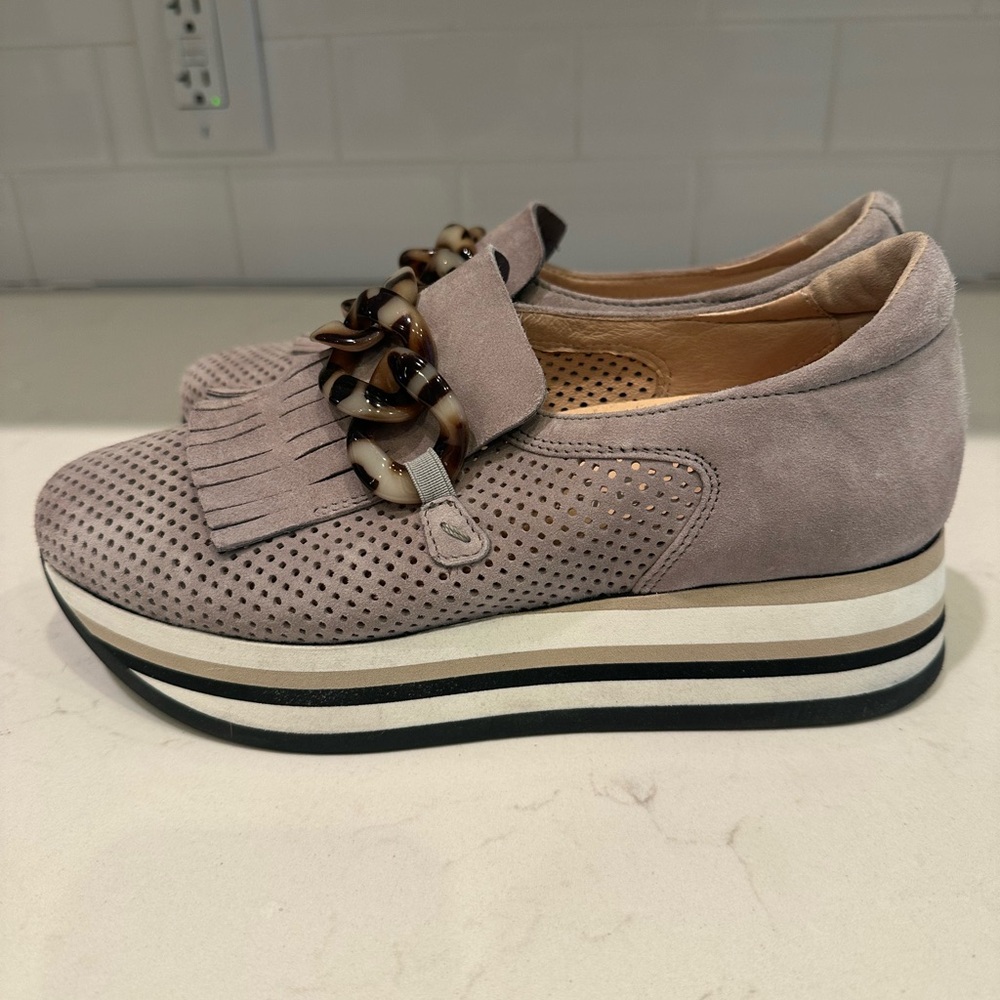 Softwaves- Suede Platform Loafer with Tortoiseshell Chain - Taupe
